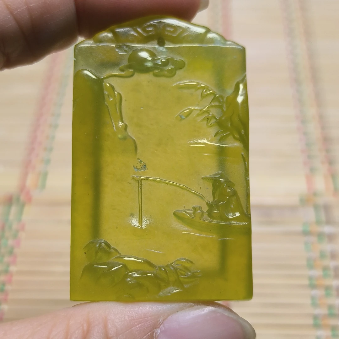 天然岫玉精品冰飘雪花金色山水田园独钓寒江雪山吊坠挂件