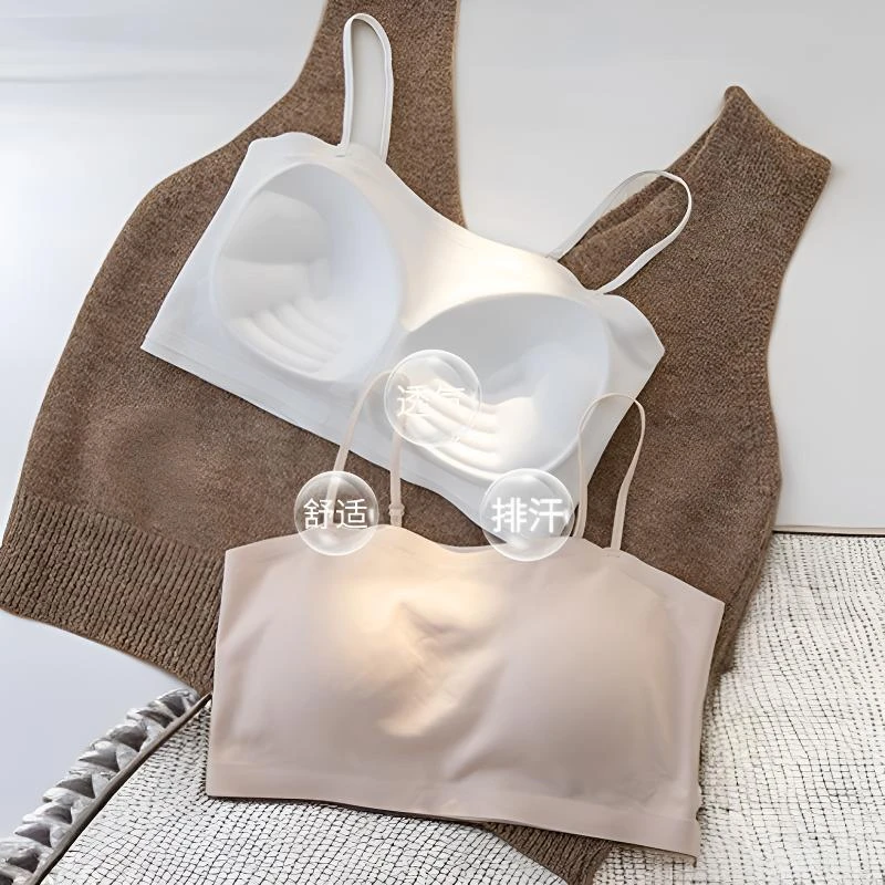 无痕内衣一体式固定杯细肩带吊带背心内搭带胸垫黑色大胸红色内衣