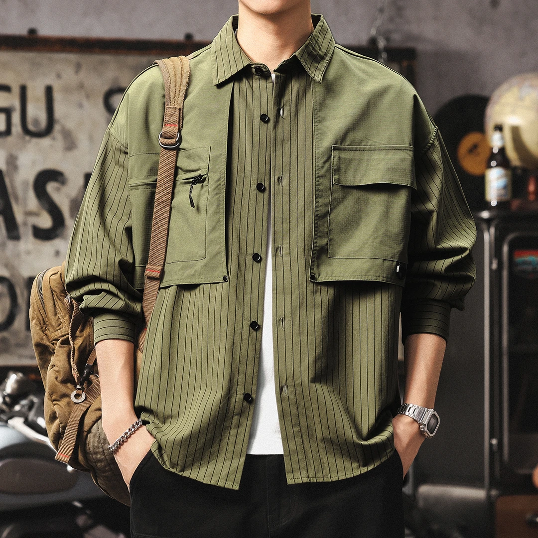 MR.MUDI/穆迪先生美式复古条纹工装长袖衬衫男秋季新款宽松高级感