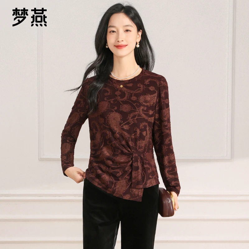 梦燕春秋女长袖百搭印花针织小衫新中式圆领修身上衣AA03B5028