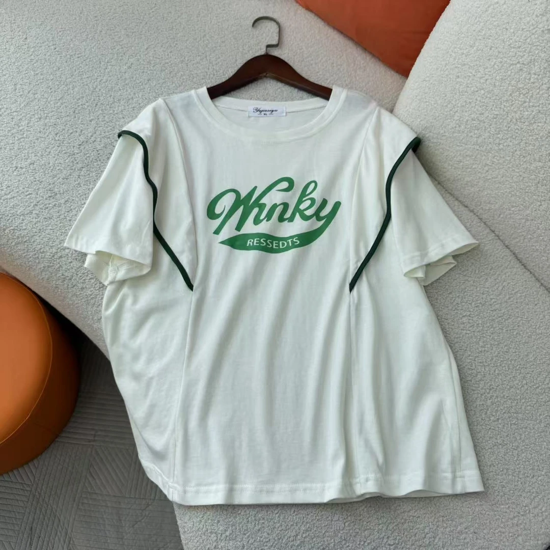 春夏女棉质短袖t恤衫荷叶边上衣中长款T恤