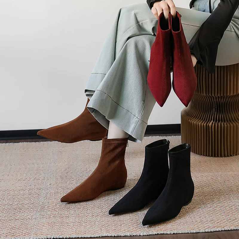 2025新款首创真皮复古港风拉链女靴弹力内增高跟鞋短靴裸靴尖头