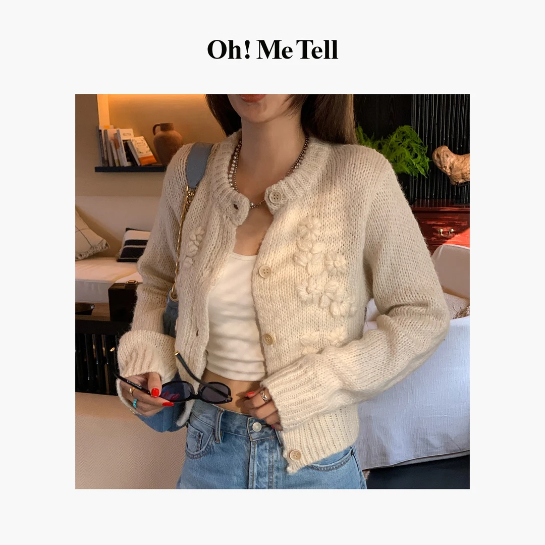 Oh！Me Tell【宋慧乔同款】重工立体花朵圆领长袖毛衣针织开衫外套女