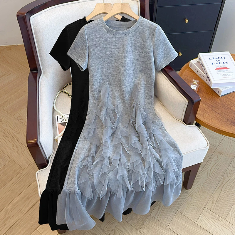 2025春夏新款纱纱裙温柔风正肩短袖连衣裙显高显瘦百搭老钱风女装