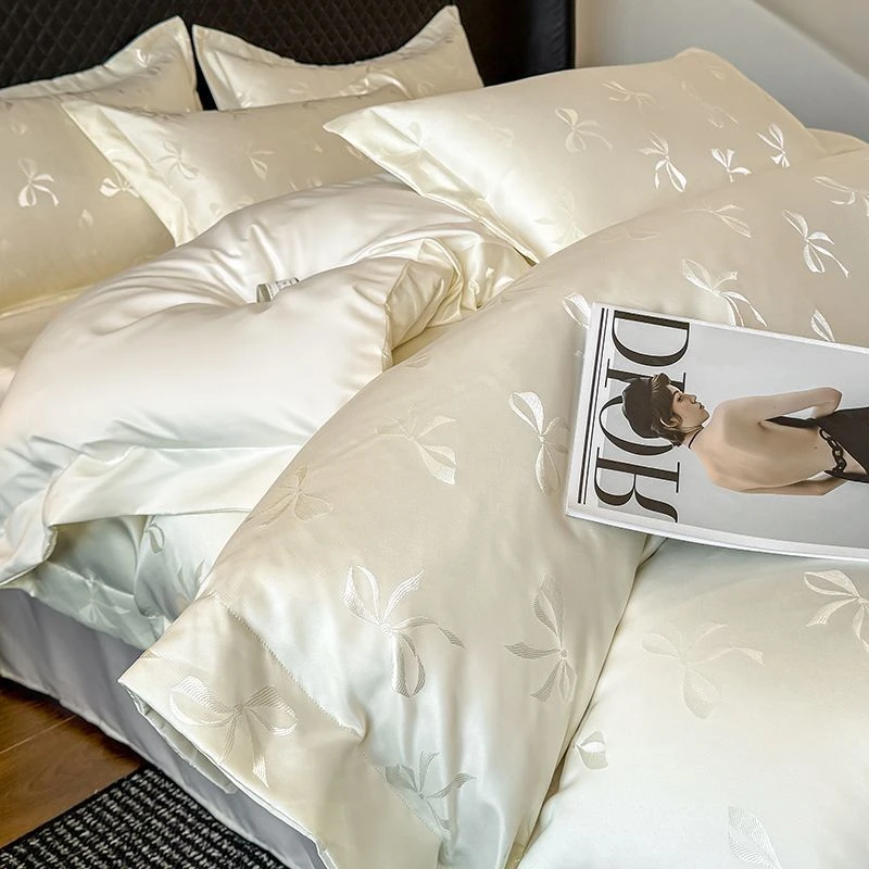 法澜兰卡夏季轻奢提花水洗冰丝四件套裸睡丝滑床单被套床上用品