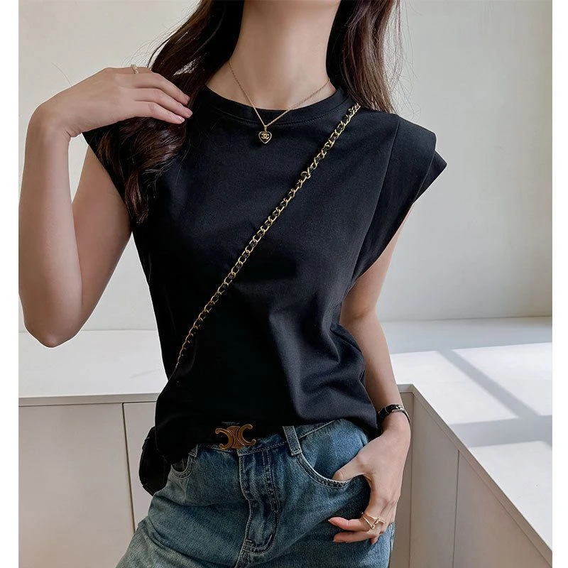 春夏圆领设计感双肩短袖t恤女正肩宽松显瘦辣妹韩系百搭无袖上衣