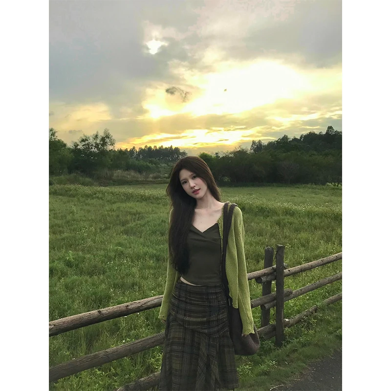 INS CEC秋季新款镂空针织衫外套内搭背心上衣不规则半身裙套装