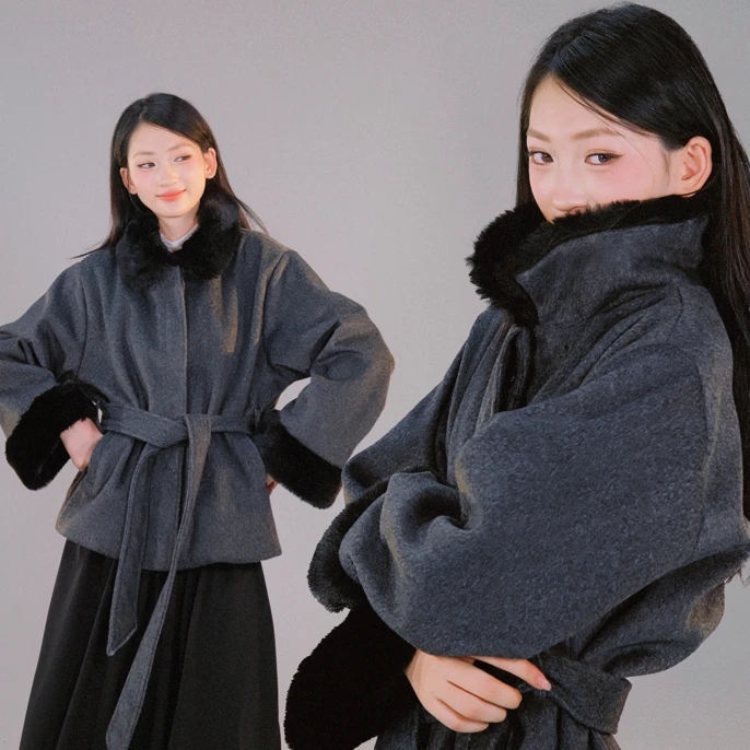 里织兀｜复古灰毛领拼接百搭长袖秋冬毛呢通勤短外套3.0 B080