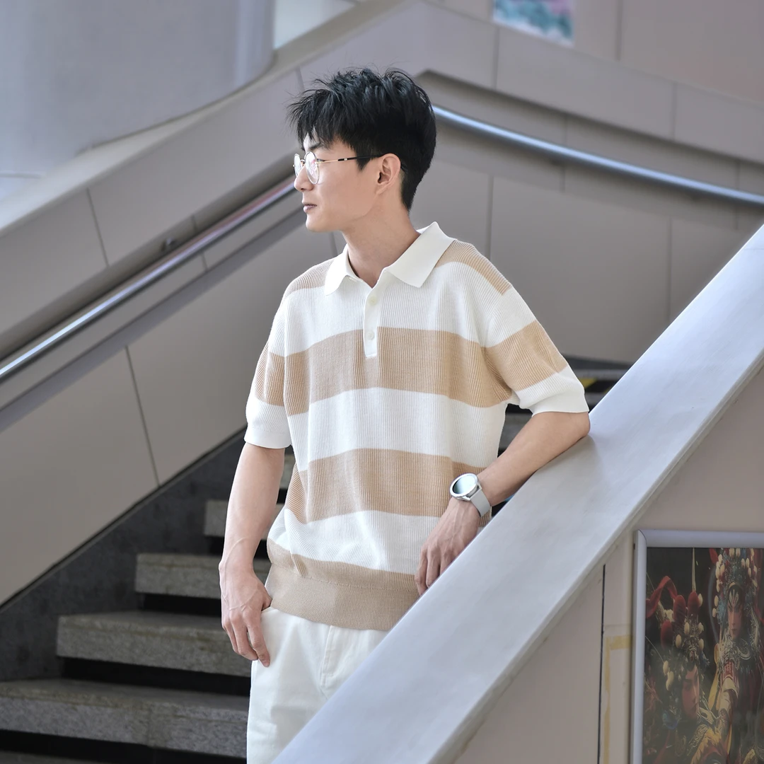 夏季新款条纹半开襟短袖休闲舒适百搭男女同款高级感男装