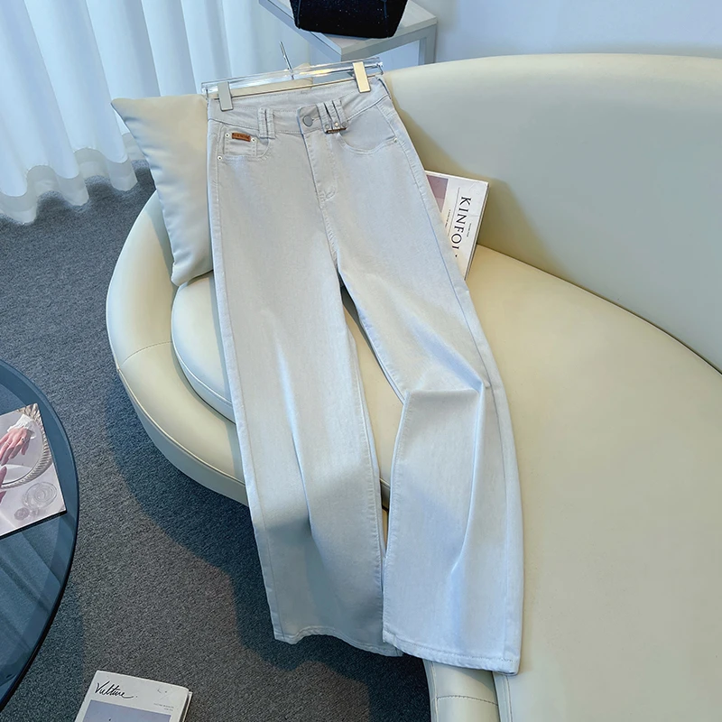 莫兰迪灰阔腿牛仔裤女士夏季2025新款爆款高腰显瘦宽松窄版直筒裤