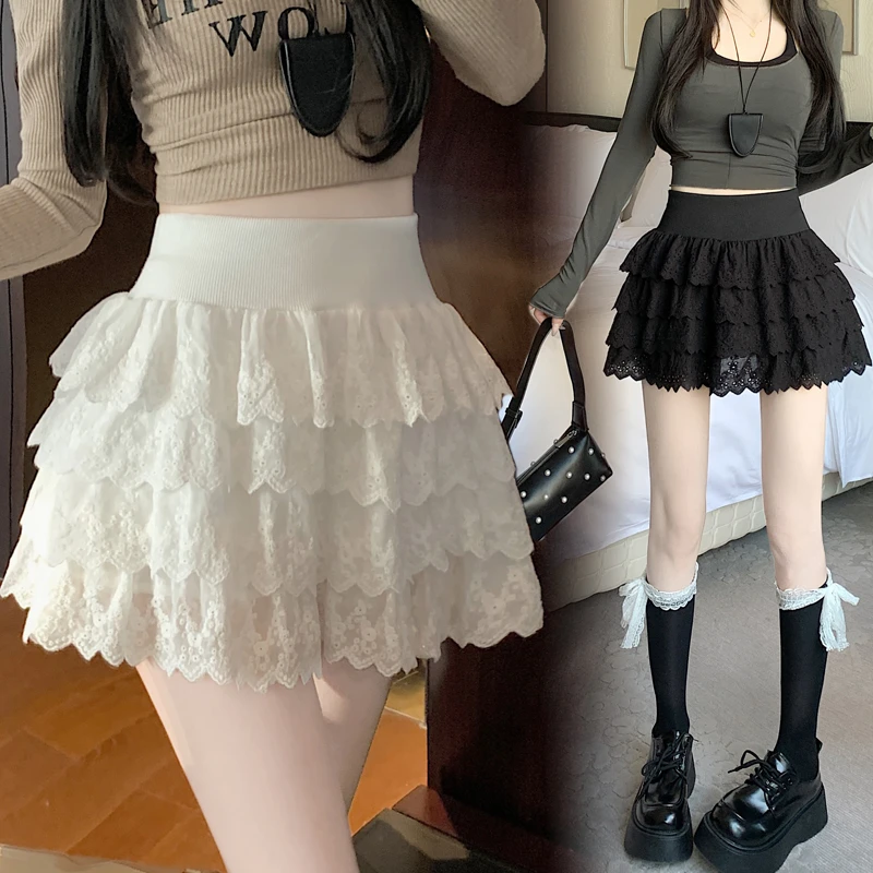 白色荷叶边蓬蓬蕾丝半身裙女春季高腰a字蛋糕短裙小个子百褶半裙