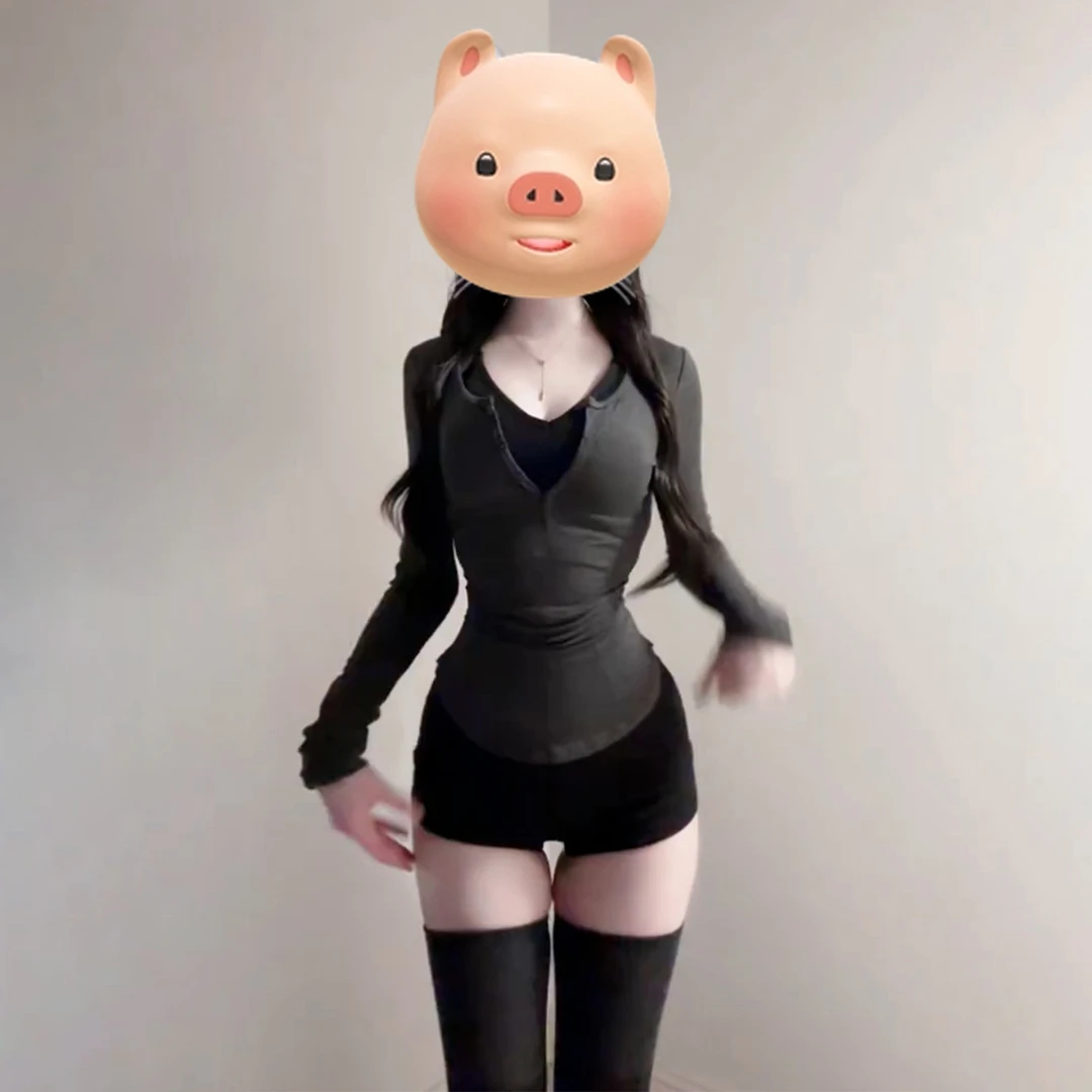 韩系设计感辣妹灰色长袖上衣女早秋2025新款黑色内搭打底两件套装