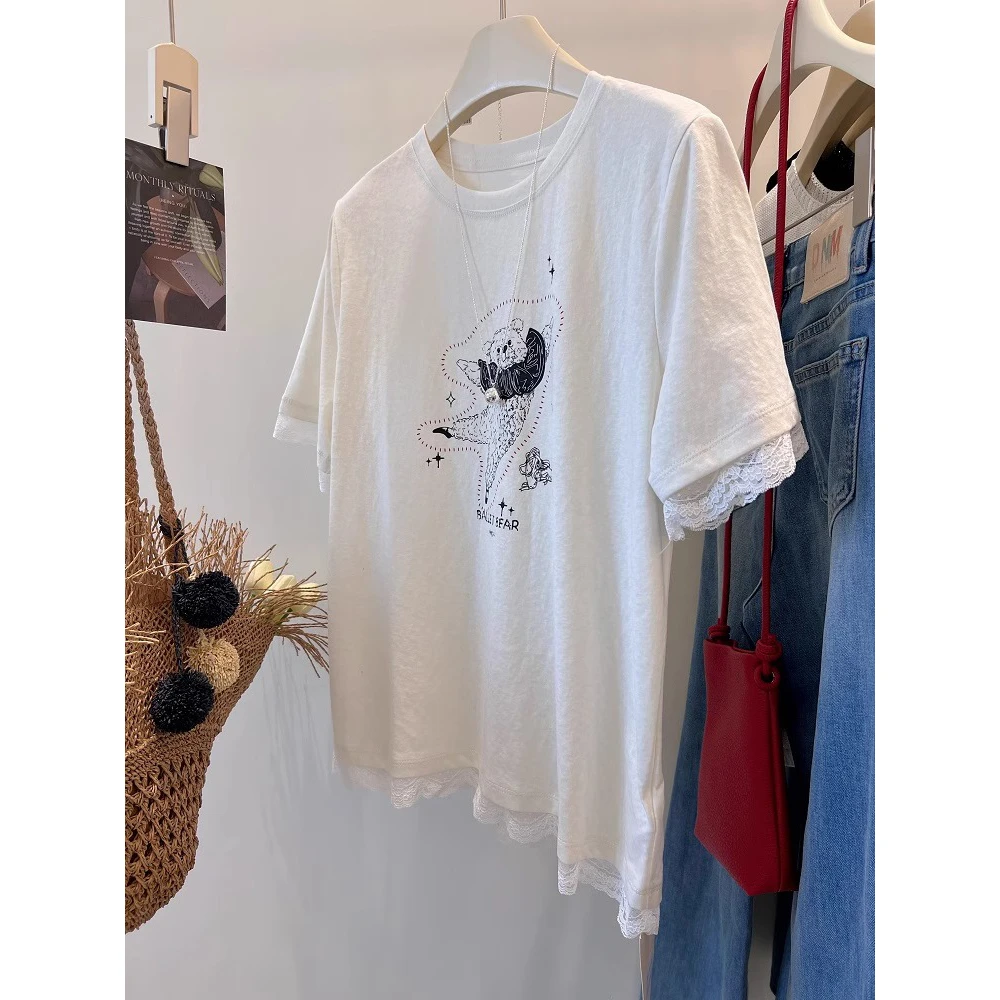 胖妹妹240斤大码蕾丝边凉爽雪花棉卡通短袖t恤女夏季新款宽松上衣