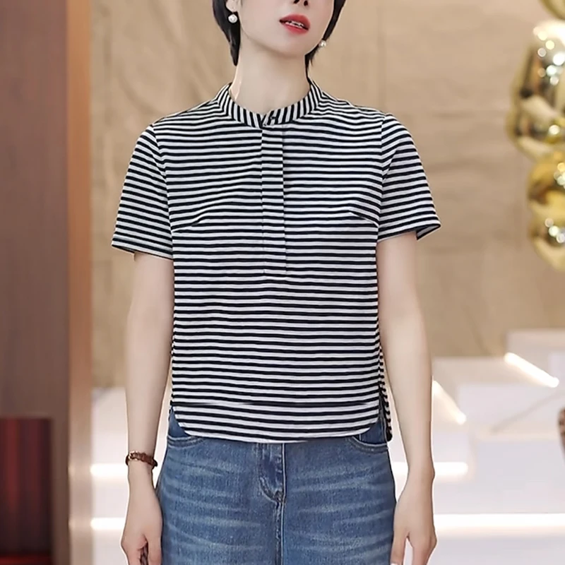 短袖条纹衬衫女士2025夏季新款洋气减龄休闲显瘦别致立领小衫上衣