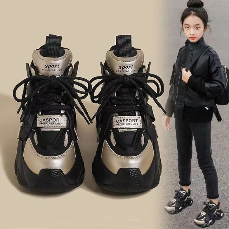 ABC女童加绒运动鞋冬季2025新款儿童皮面防水老爹鞋中大童二棉鞋