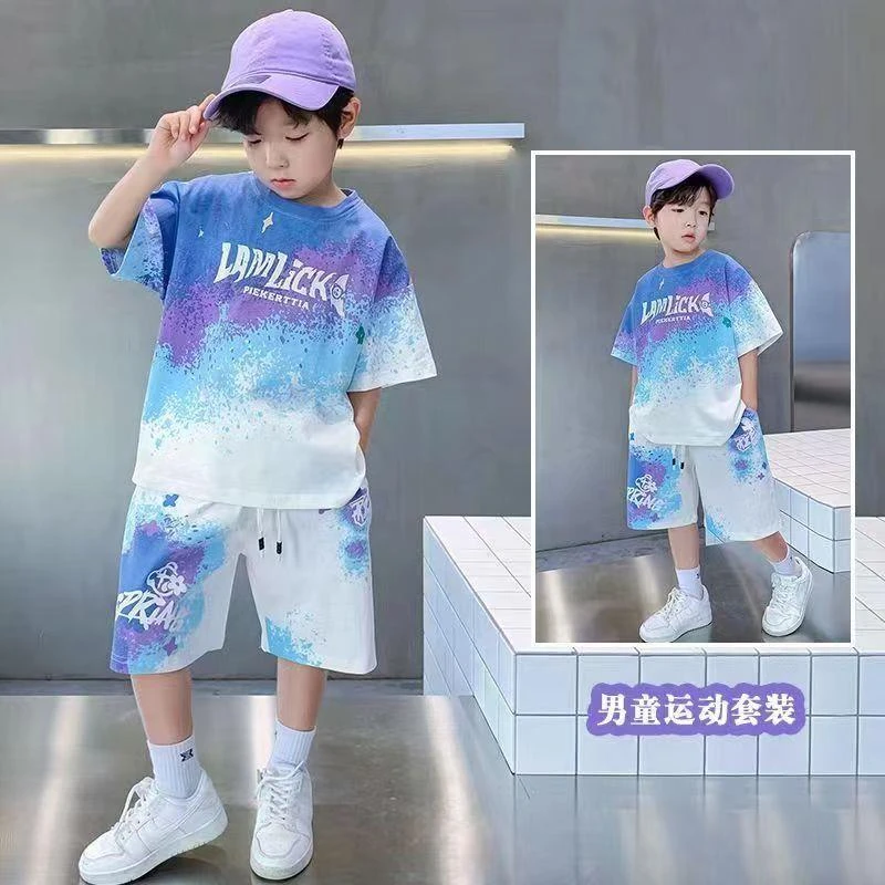 范哲萨男童套装夏季薄款中大童宽松时尚两件套儿童透气短袖短裤篮