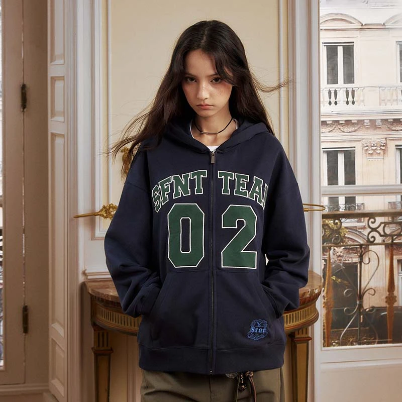 【翁杰同款】SFNT 美式校园撞色字母刺绣开衫卫衣美式街头潮流