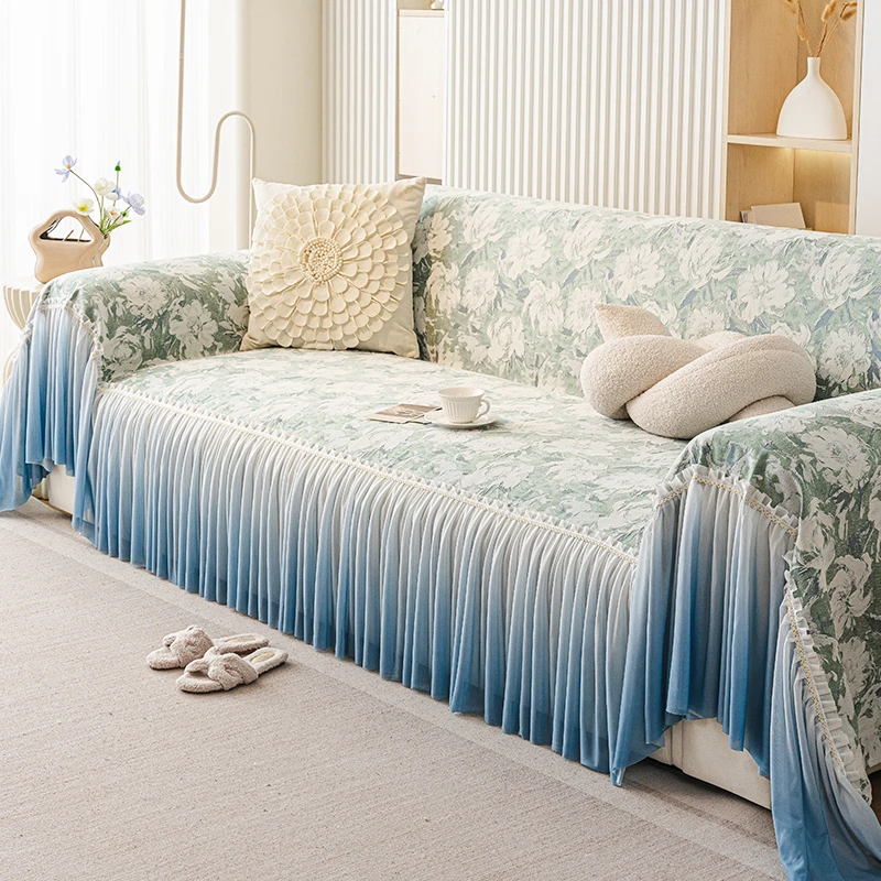 法式雪尼尔裙边沙发巾四季通用防滑防尘一片式沙发盖布罩现代简约