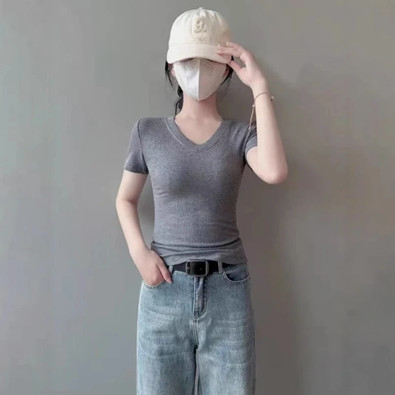 大码正肩V领短袖t恤打底衫2025新款夏季韩系时尚休闲显瘦遮肉上衣