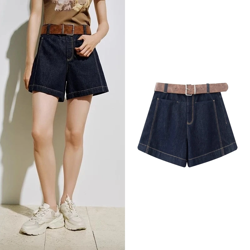 【短裤】2025夏新款高腰直筒阔腿腰带牛仔短裤女G6369