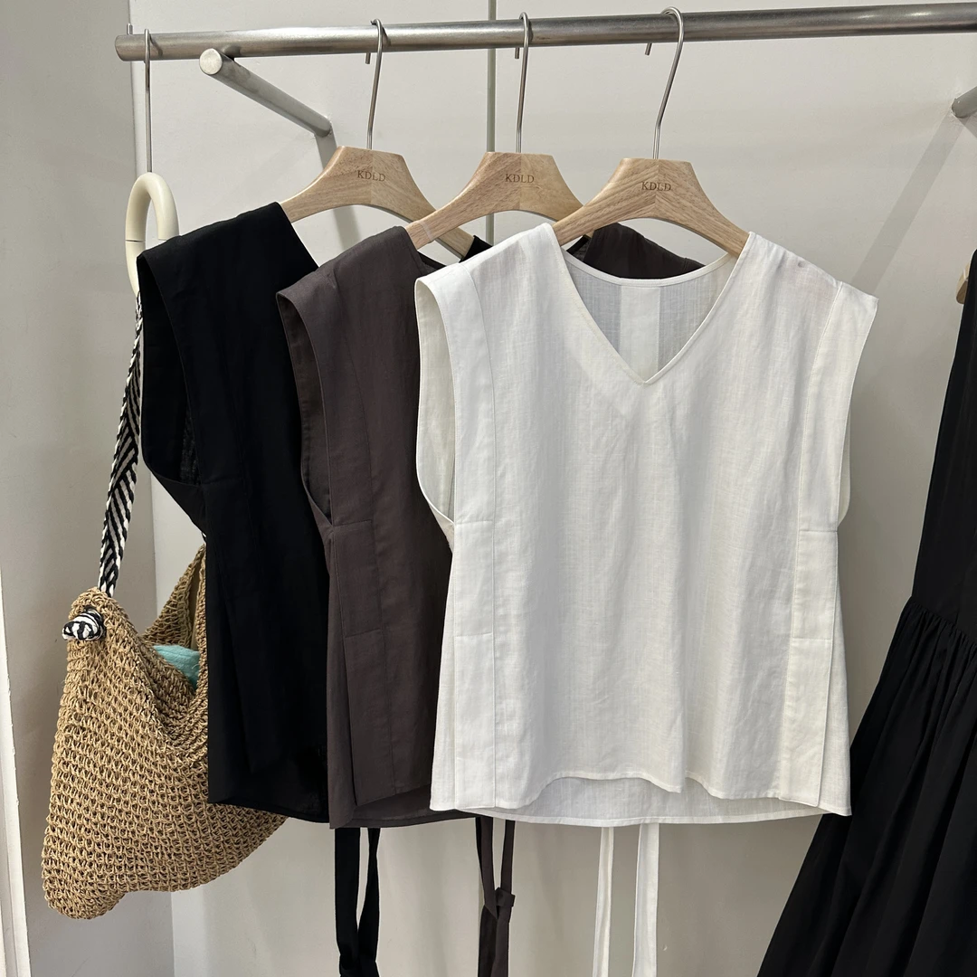 1269欧洲站夏季新款时尚百搭V领无袖背心女简约设计感系带衬衫潮