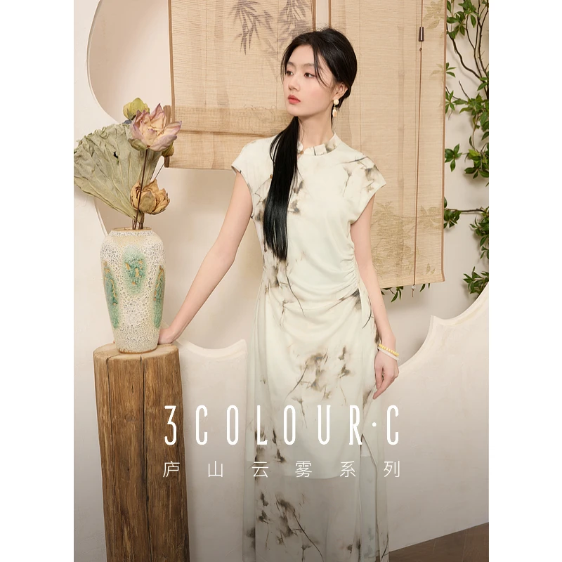 三彩【茶烟入梦】2025夏季新款新中式网纱印花长裙连衣裙女C