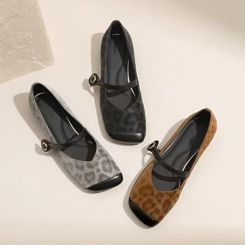 方头防滑豹纹粗跟玛丽珍鞋单鞋复古中跟浅口百搭皮鞋