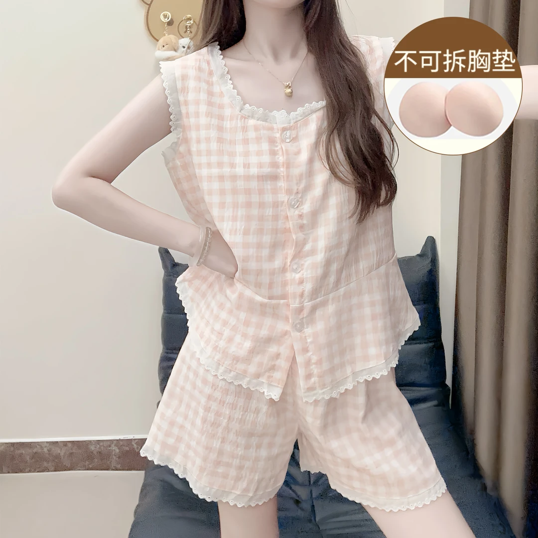 带胸垫睡衣女款夏季云朵棉吊带夏天新款背心格子小个子家居服套装