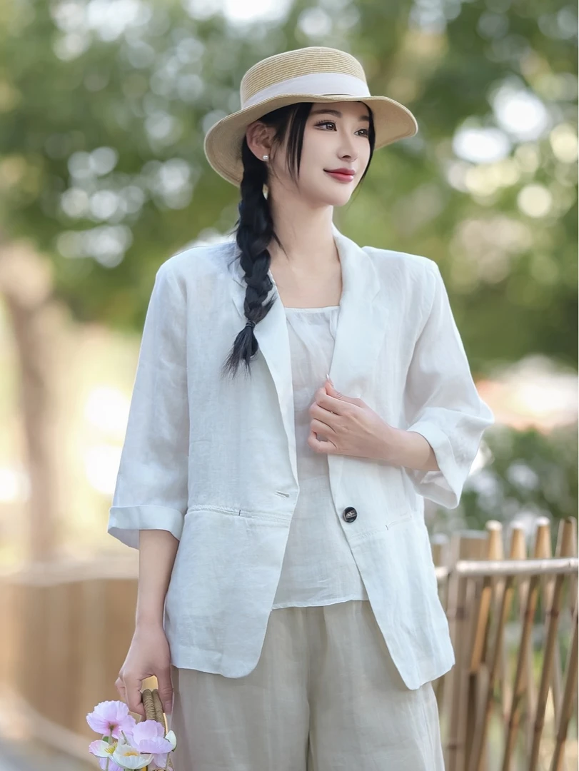 纯色苎麻女士超火春装百搭气质宽松显瘦轻薄短款西服外套8617