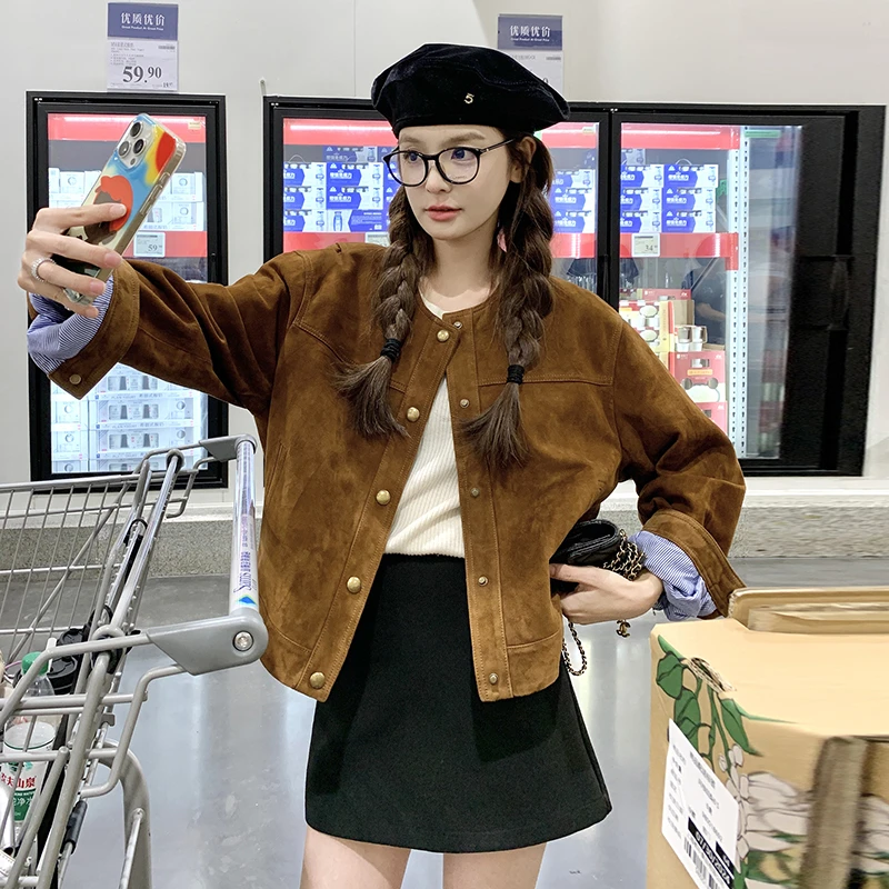 咖色麂皮绒休闲外套女秋季新款机车服复古高级感工装夹克无领上衣