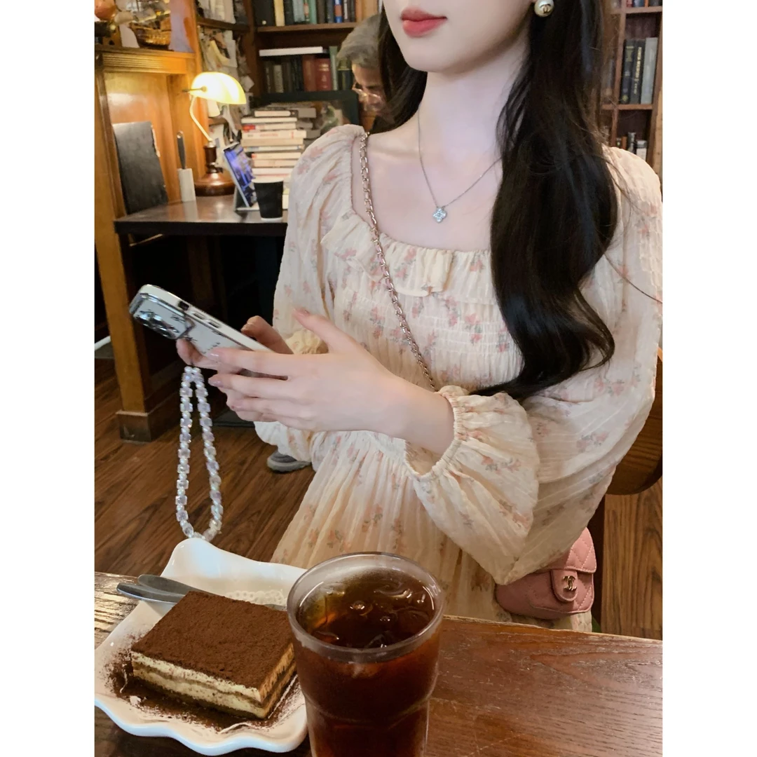 ANLI 法式温柔小众设计感晕染碎花方领收腰连衣裙