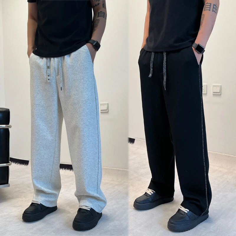 2025早秋新款美式拼接阔腿卫裤男士垂感休闲裤子百搭运动直筒长裤
