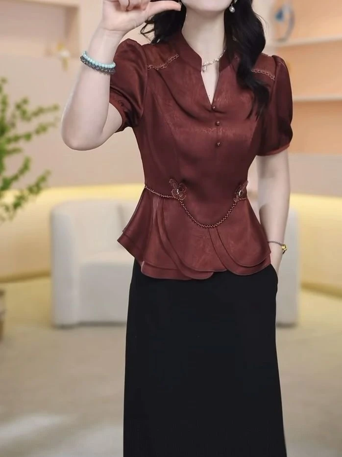 高档冰丝缎礼服裙2025夏季新款时尚洋气收腰显瘦上衣两件套装裙子