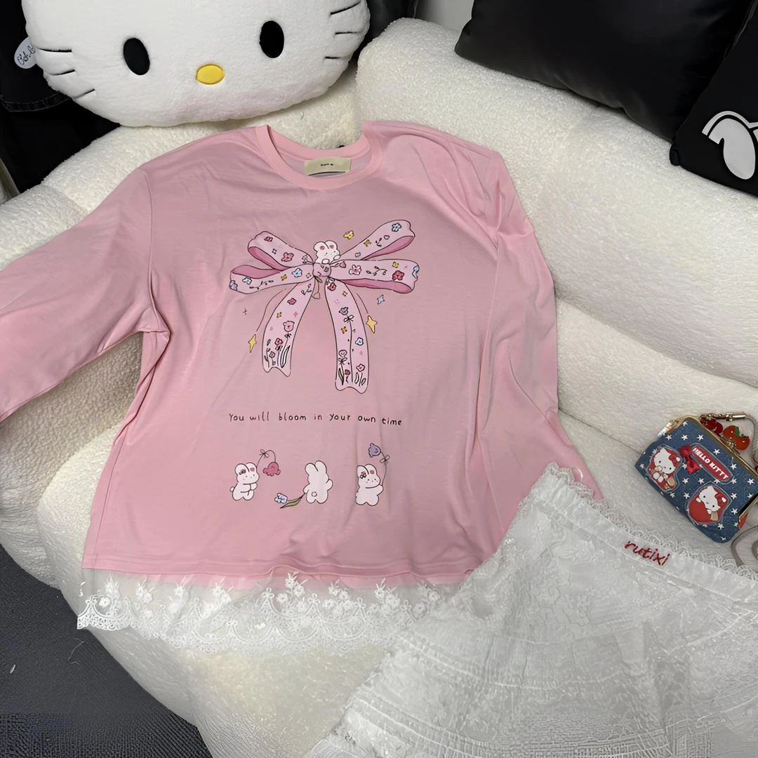 BLX--5478（深圳南油出品）新款小众设计款蕾丝拼接蝴蝶结印花上衣