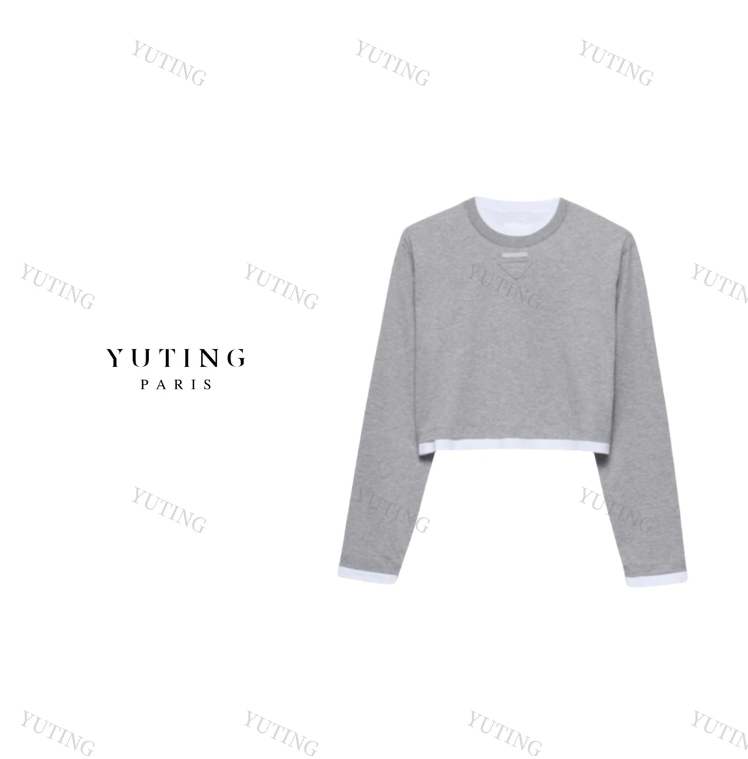 YT 25SS三角标圆领宽松休闲短款长袖假两件做旧T恤女