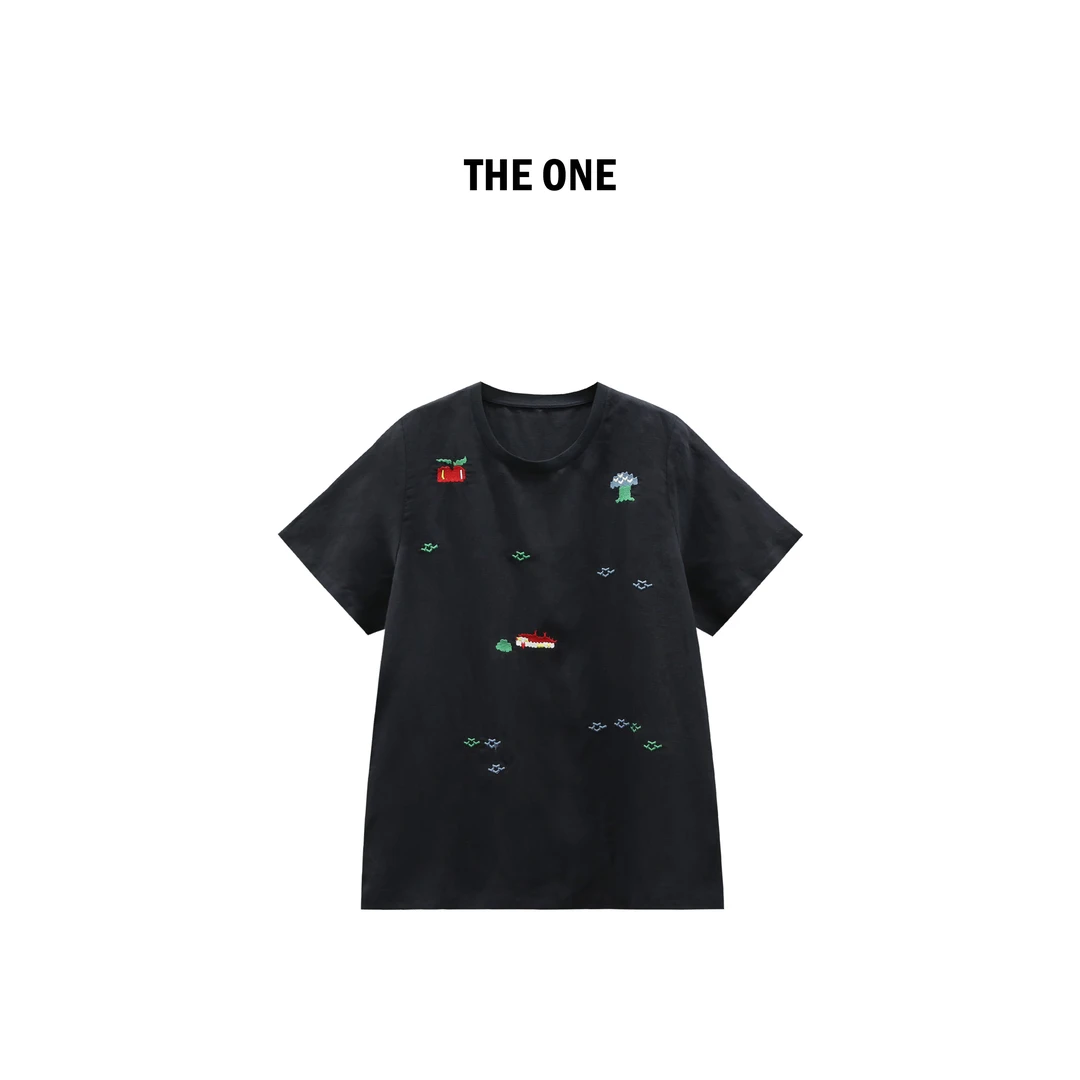 【AZE JIA】格林童话 夏款莱赛尔亚麻设计感刺绣短袖T恤  YZ50524T1