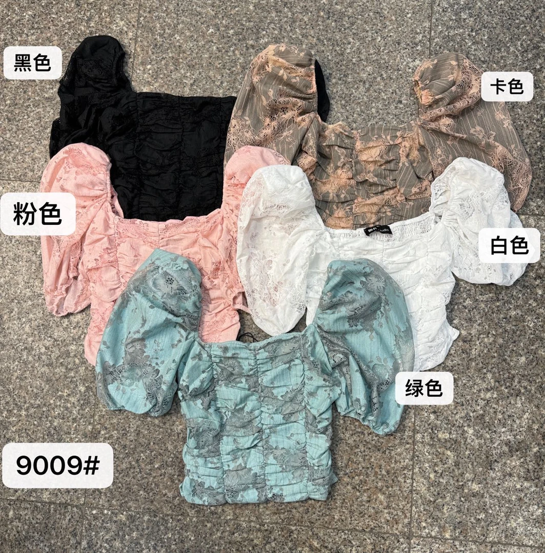 9009春夏季时尚修身蕾丝翻领短袖上衣洋气设计