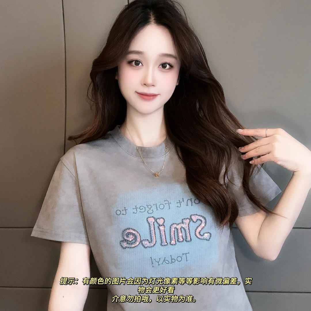 芈芈-2025新款短袖 亮片字母设计T恤女修身显瘦时尚百搭3030#
