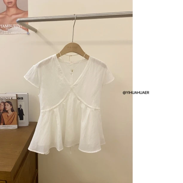 3470【雾白清夏】韩版设计感V领气质纯色重工绑带休闲百搭小衫