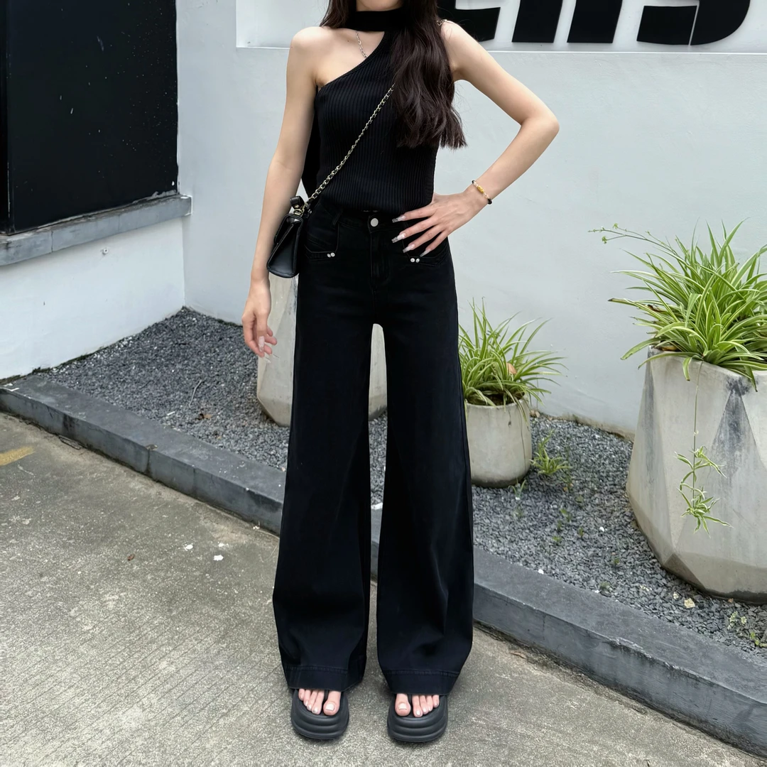 莱赛尔天丝高腰牛仔裤休闲港风外穿小个子夏季女裤黑色直筒阔腿裤