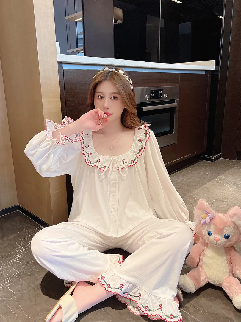 甜美时尚赵露思同款睡衣女春秋棉纱长袖长裤草莓花边甜美家居服