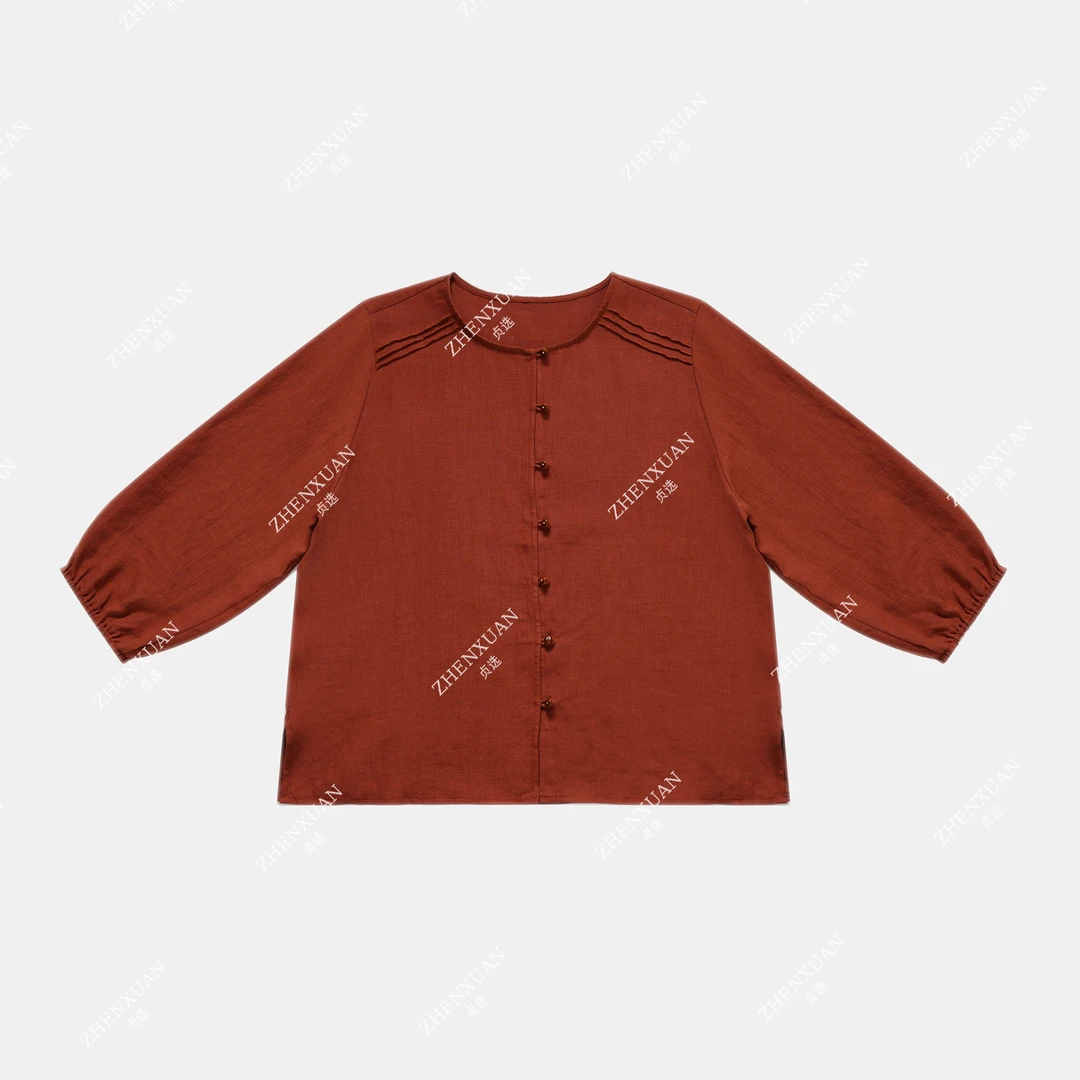 1351-刺绣夏季汉麻圆领红色拼接休闲衬衫春季秋季