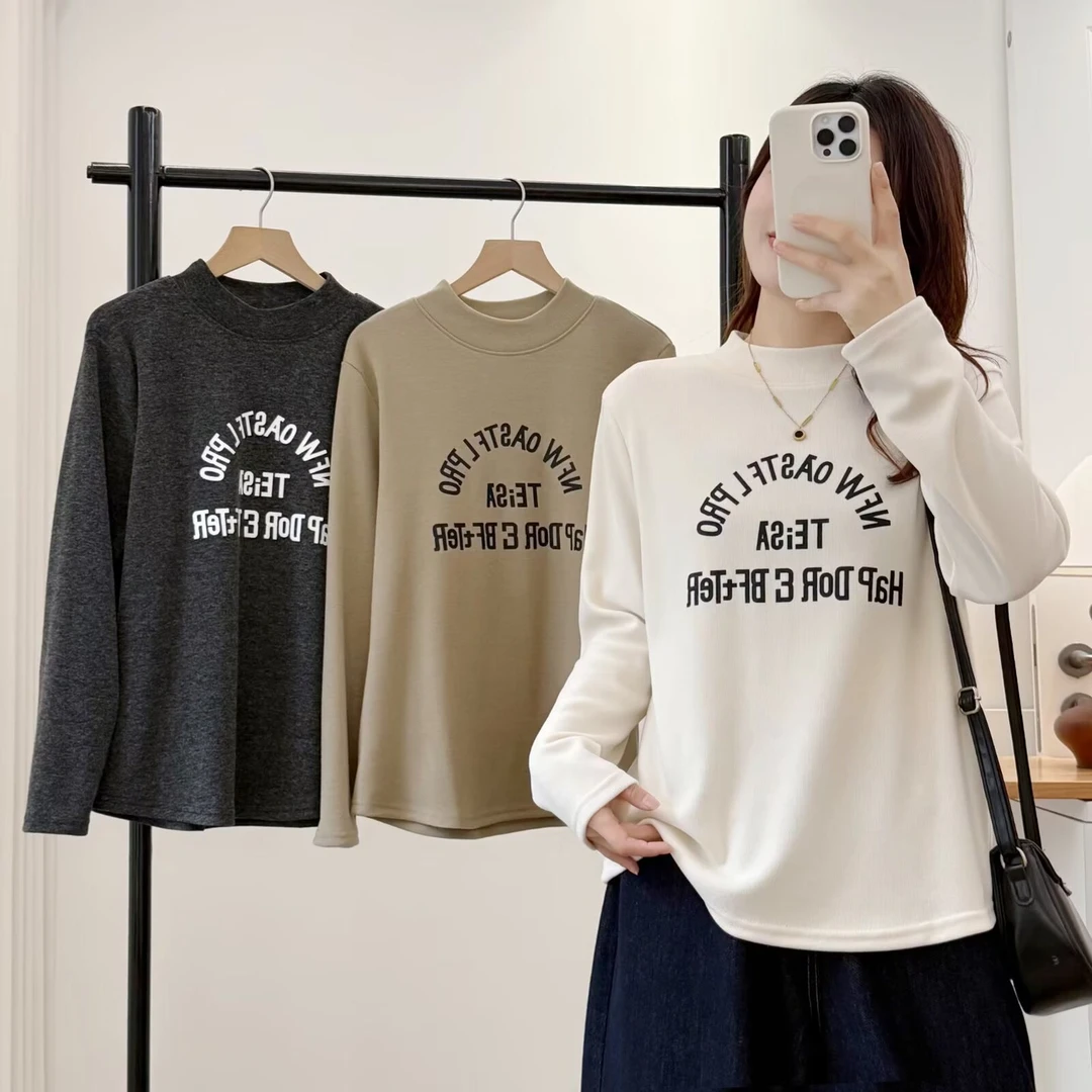 胖mm百搭显瘦保暖半高领打底衫秋冬新款减龄印花长袖T恤2574