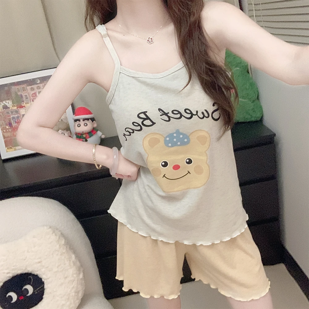 【带胸垫一体】吊带睡衣女款夏季薄款可爱卡通莫代尔小熊家居服套装
