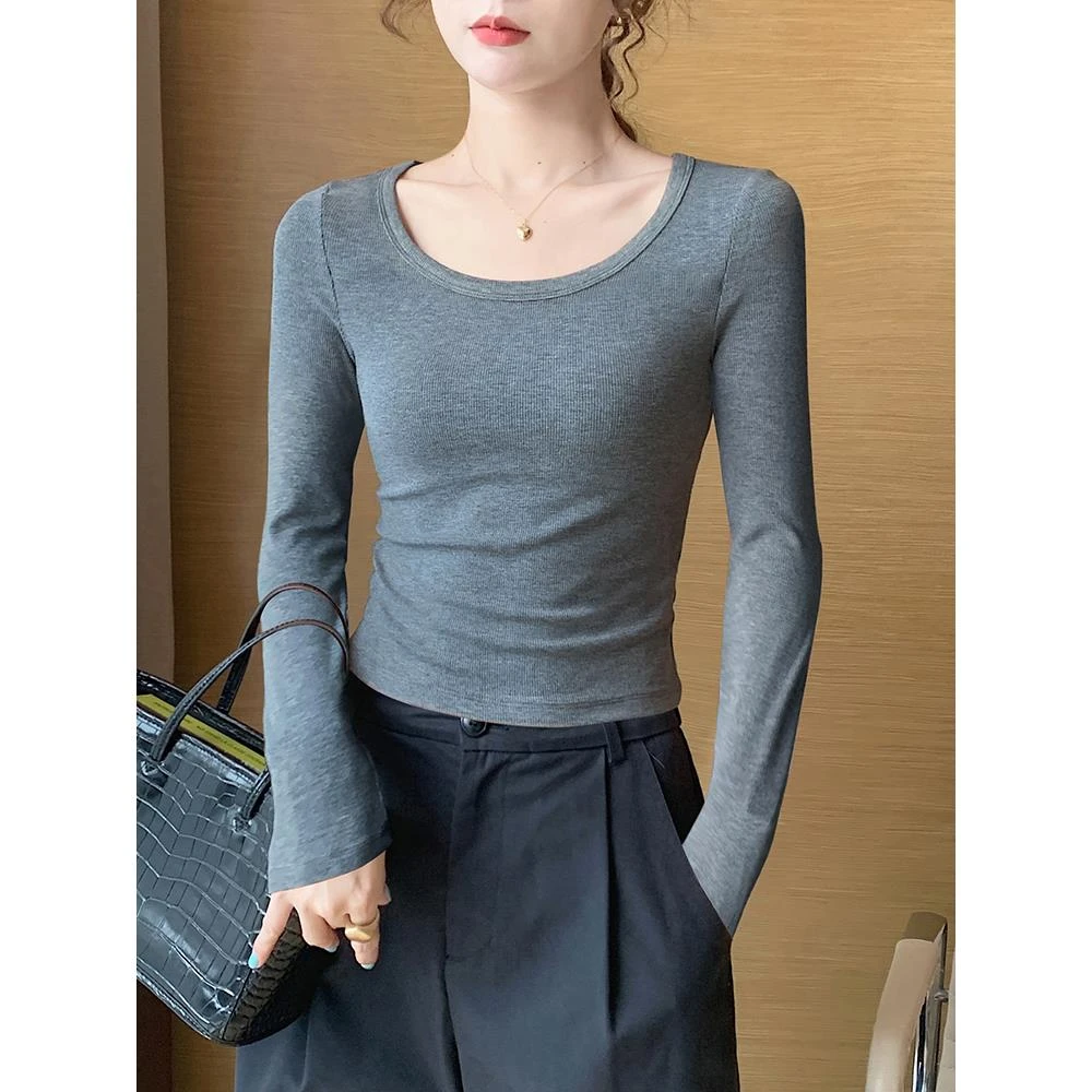 VOCKOO灰色短款圆领打底衫女内搭春秋2025新款修身螺纹洋气高腰低