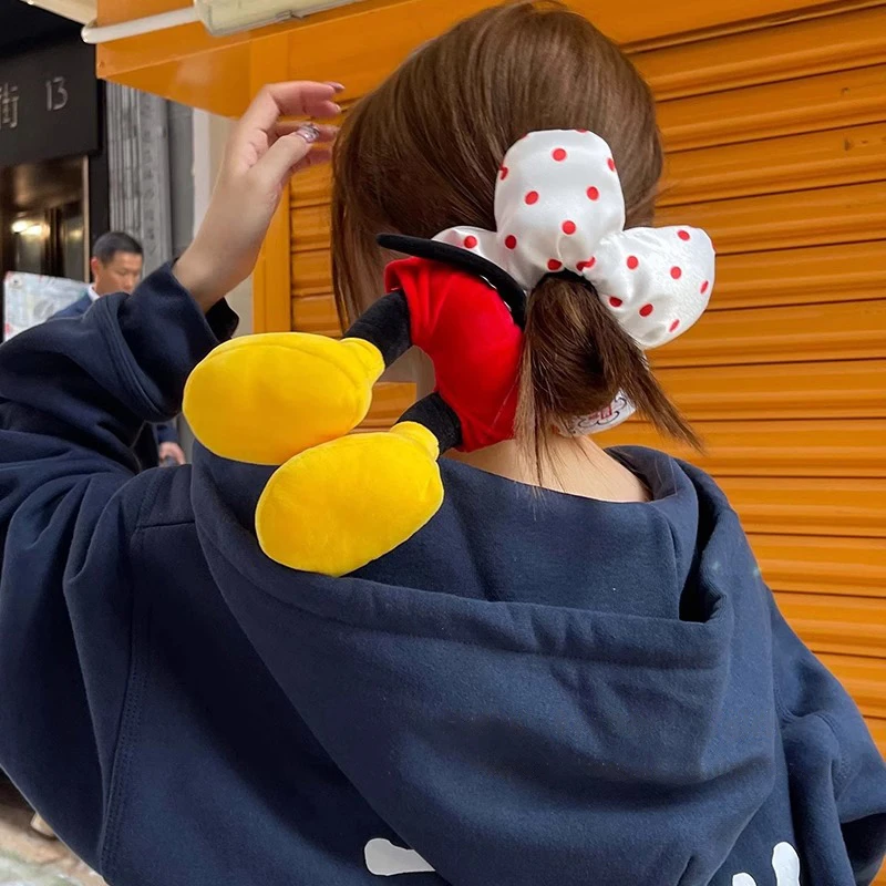 可爱米老鼠红色波点大肠发圈儿童米奇女生发饰儿毛绒头绳新年礼物