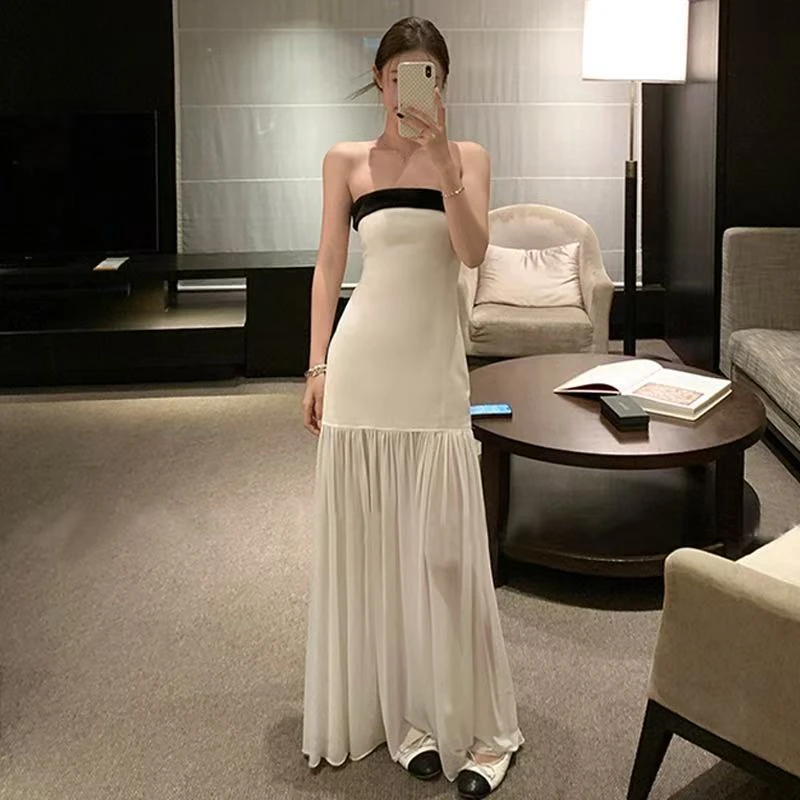 抹胸式白色连衣裙2025年夏季新款法式高级感长裙礼服网纱裙子女装