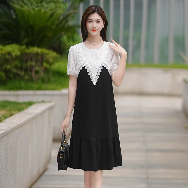 夏季新款花边袖气质设计显瘦时尚减龄中长款连衣裙女