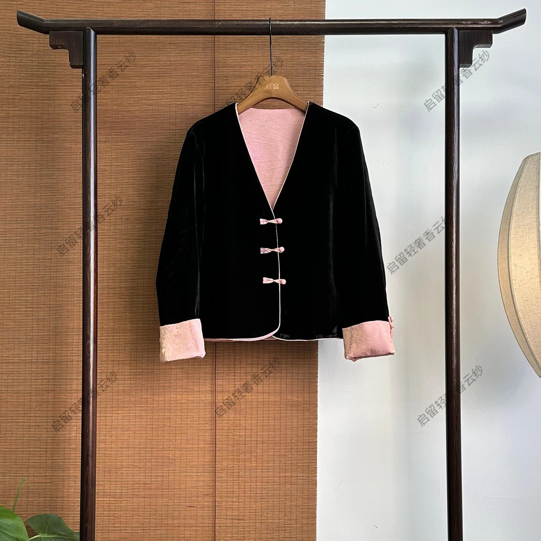 【253697】 粉色墨绒绯锦   新中式秋冬款 黑丝绒外套
