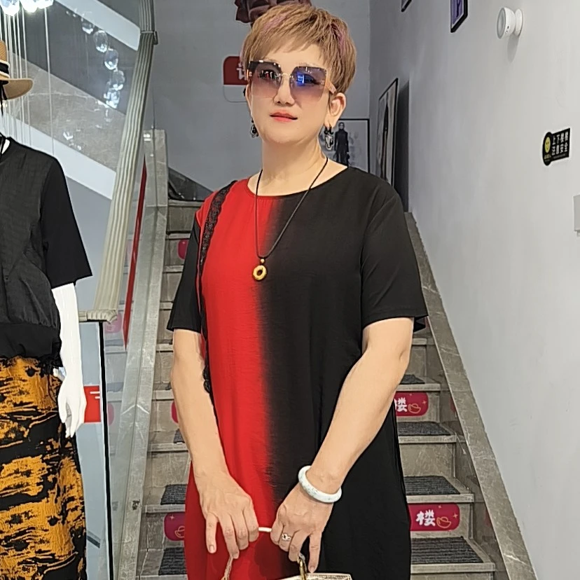 夏季新款宽松大码显瘦圆领短袖撞色拼接复古时尚连衣裙